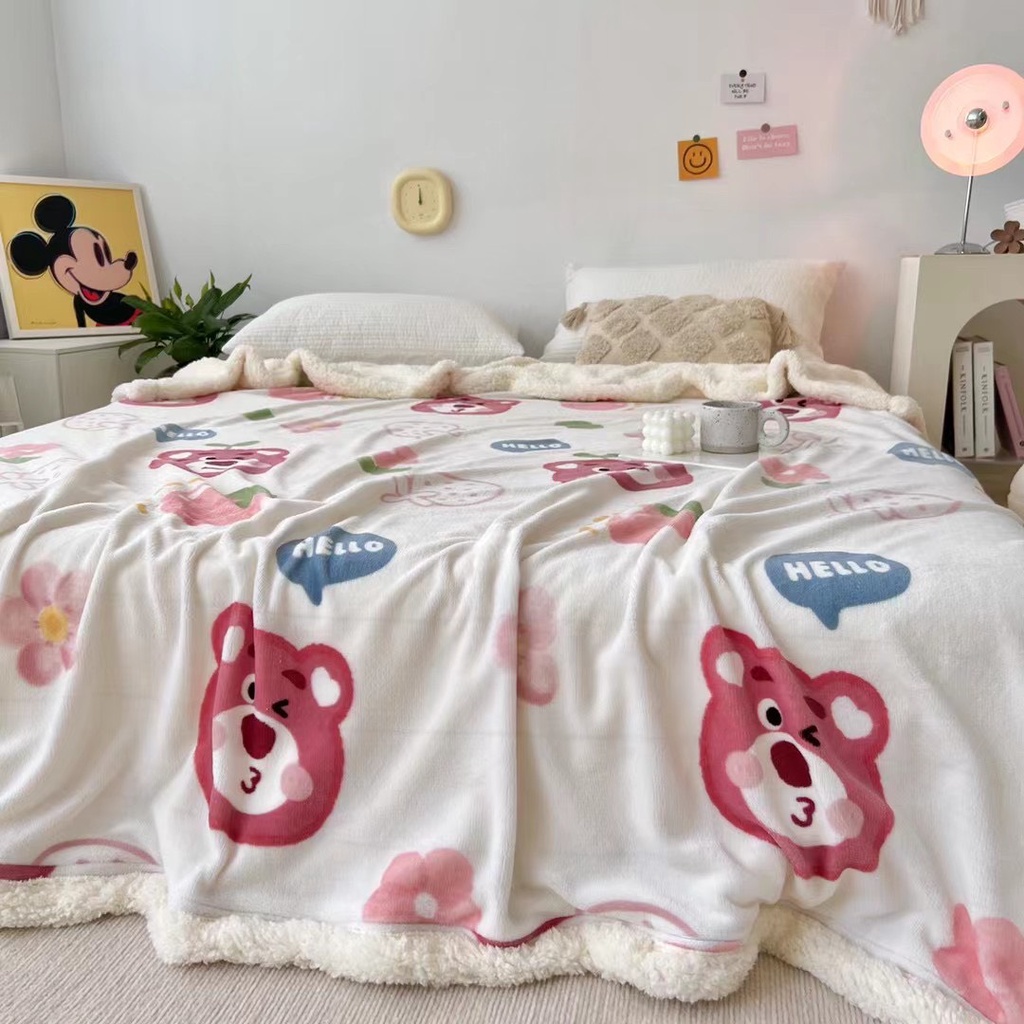 Chăn Lông Cừu Hoạ Tiết Xinh Xắn Dễ Thương Ấm Áp, Chăn Lông Cừu Họa Tiết Vintage Siêu Ấm Kích Thước 2mx2m3