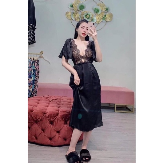 Váy lụa ngủ phối ren ngực