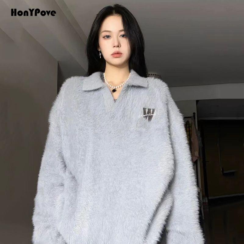 Honypove Áo Sweater Dày Dặn Dáng Rộng Màu Xám Xanh Dương Phong Cách Preppy Cho Nữ Sinh