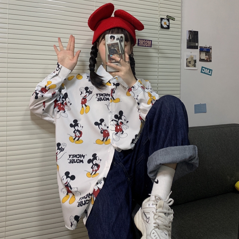 SUXI Áo Sơ Mi Tay Dài Dáng Rộng Hoạ Tiết Hoạt Hình Cho Nữ