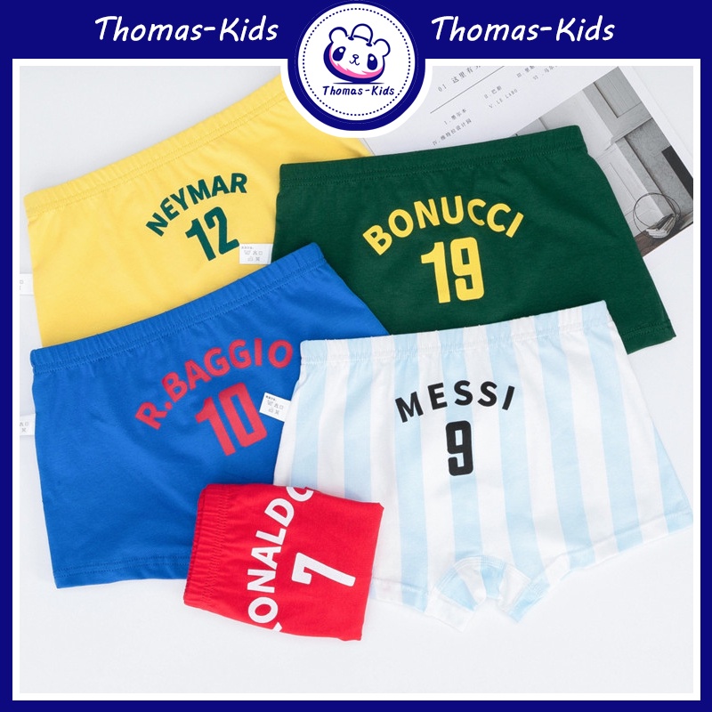 [THOMAS KIDS] Bộ 5 Quần Lót Boxer In Chữ Số Ngôi Sao Bóng Đá Cho Bé Trai 3-12 Tuổi