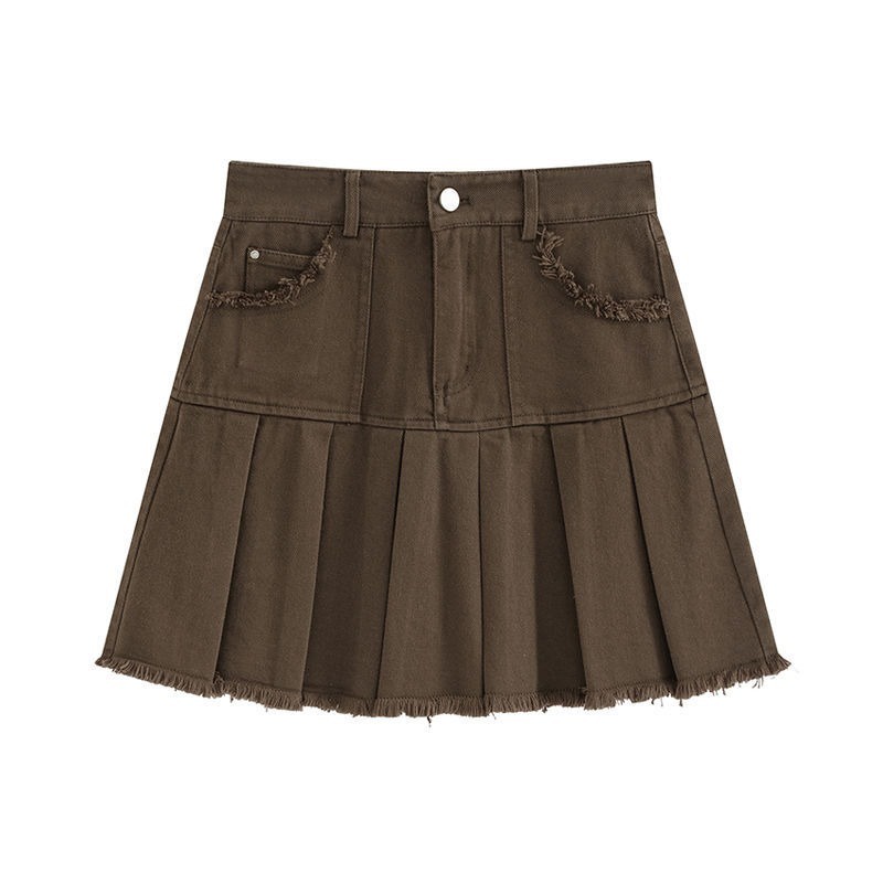 Chân váy jean Ngắn Lưng Cao Xếp Ly Màu Nâu Thời Trang Mùa Hè Hàng Mới Dành Cho Bạn Nữ