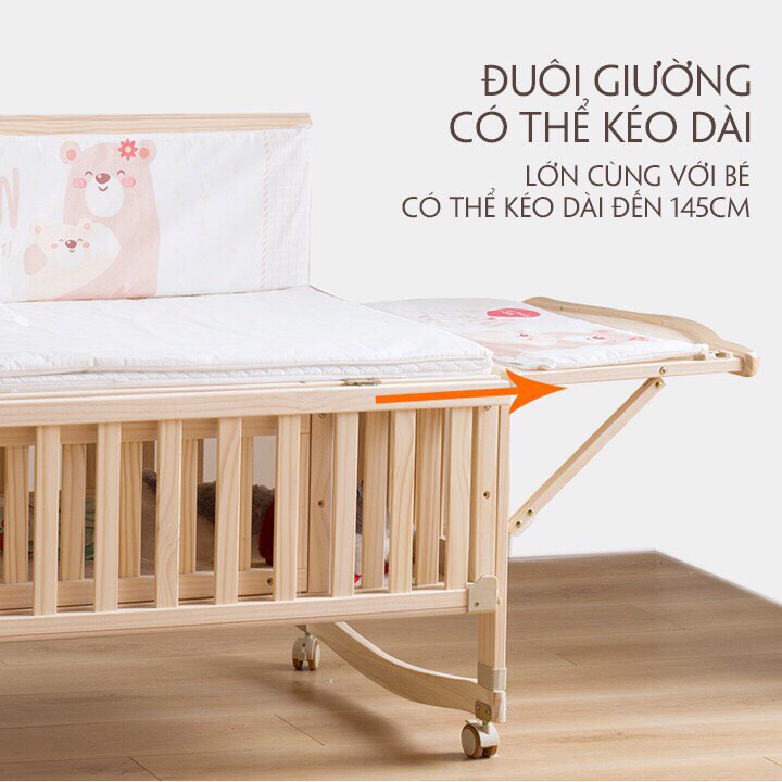 [ CŨI + MÀN +QUÂY + NỆM + GỐI ] CŨI GIƯỜNG ĐA NĂNG CHO BÉ, CŨI GỖ 6IN1, NÔI CŨI GẤP GỌN CHO BÉ