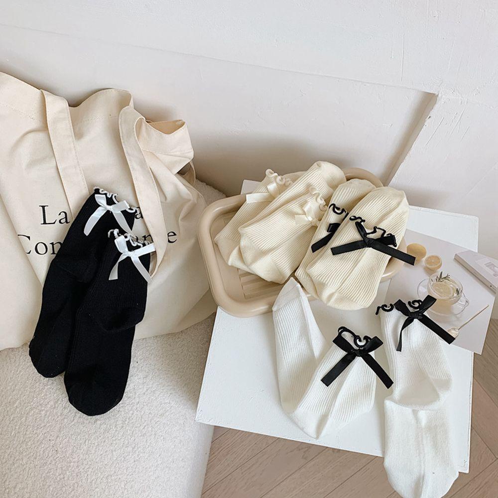 Vớ Cotton Màu Sắc Đơn Giản Đính Nơ Phong Cách Harajuku Nhật Bản Cho Nữ