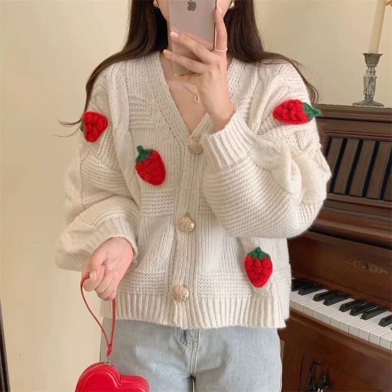 Áo Khoác Cardigan Dệt Kim Cổ Chữ V Họa Tiết Dâu Tây Màu Hồng Ngọt Ngào Phong Cách Hàn Quốc Cho Nữ  tao bao
