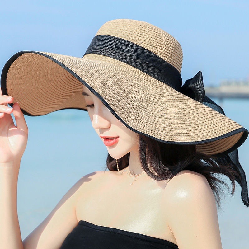 Mũ Cói ( Nón Cói) Vành Rộng 45Cm Viền Đen Phối Nơ Vải Bố Siêu Xinh(Sh11)
