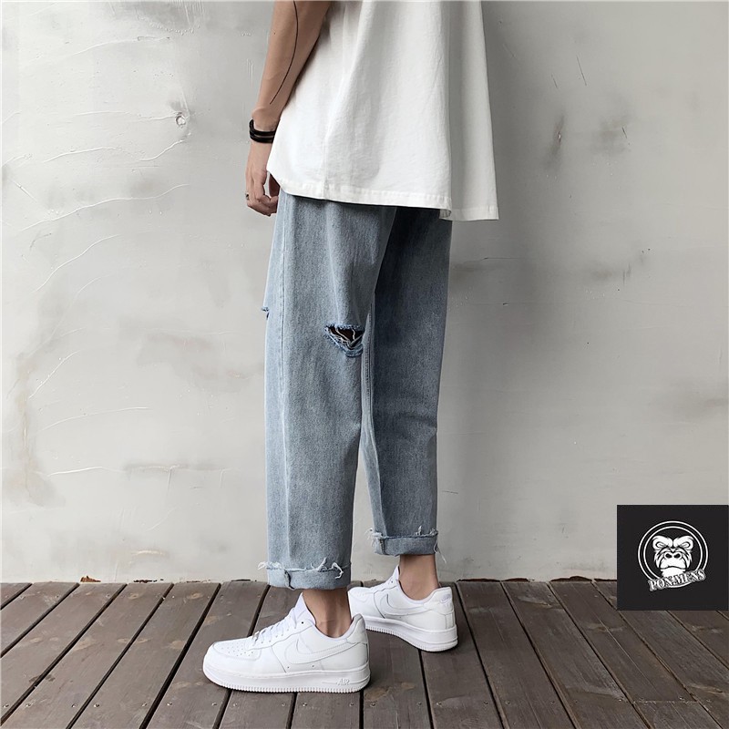 Quần bò baggy nam nữ ống rộng rách gối mới t25 2021 Pon.mens | BigBuy360 - bigbuy360.vn