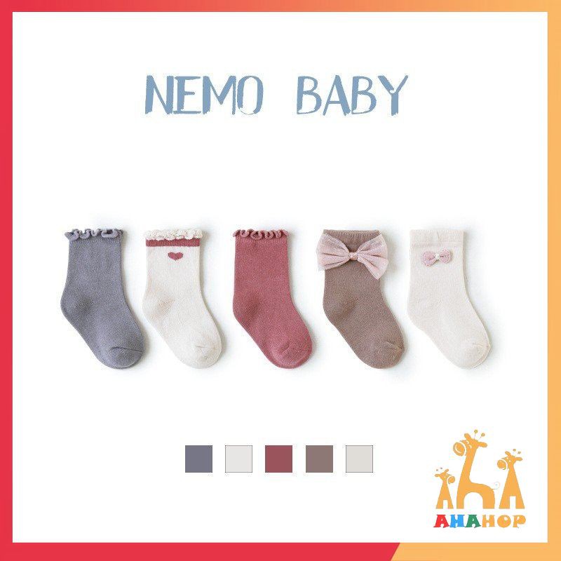 Set 5 tất trẻ em - Tất vớ cao cổ siêu xinh chính hãng Nemo Baby chất dày dặn không bai xù cho bé gái từ 0-8 tuổi TNM02