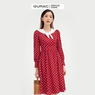 Đầm ôm nữ bi cổ trắng GUMAC thiết kế tiểu thư, bánh bèo màu đỏ DB488
