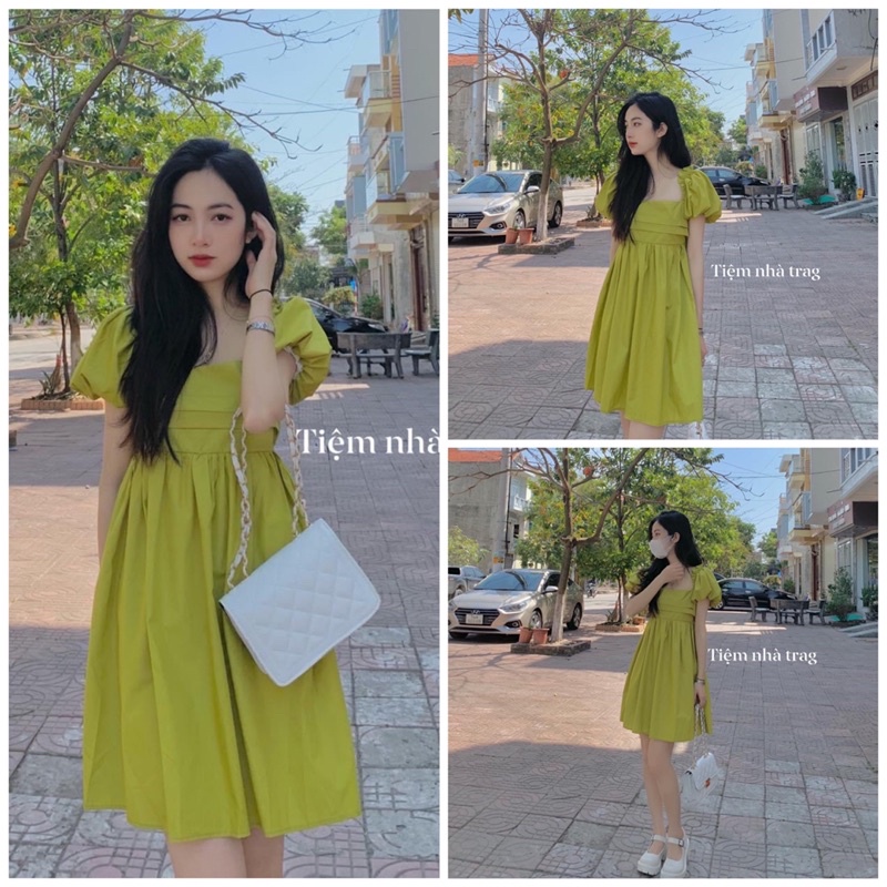 Váy xanh chuối,nơ  buộc lưng.