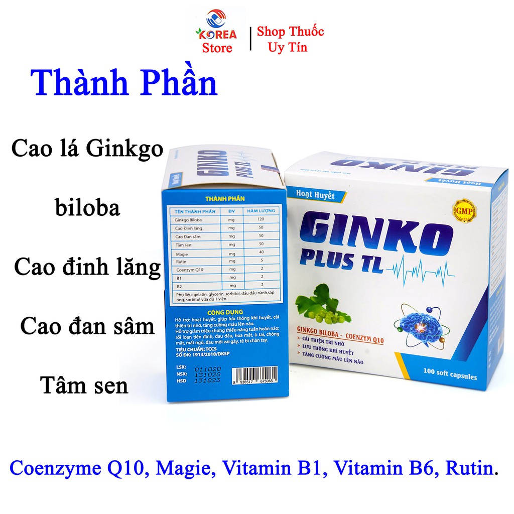 Hoạt huyết dưỡng GINKO PLUS lưu thông khí huyết cải thiện trí nhớ, tăng cường máu lên não, hộp 100 viên
