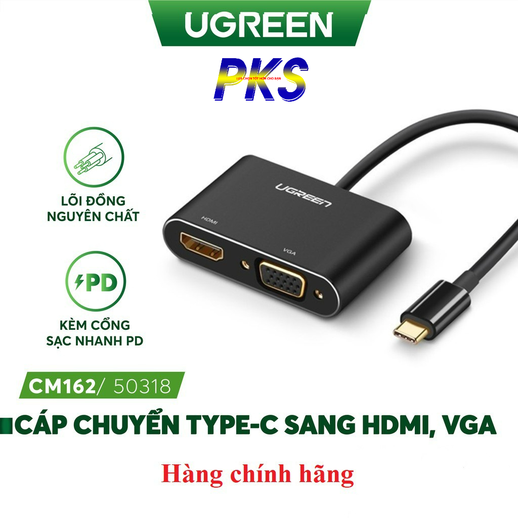 Cáp chuyển USB Type-C to HDMI và VGA chính hãng Ugreen 50318