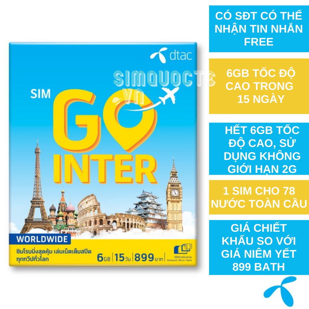 Sim Du Lịch 78 Nước Dubai Thổ Nhĩ Kỳ Ai Cập Châu Âu Châu Mỹ DTAC GO INTER