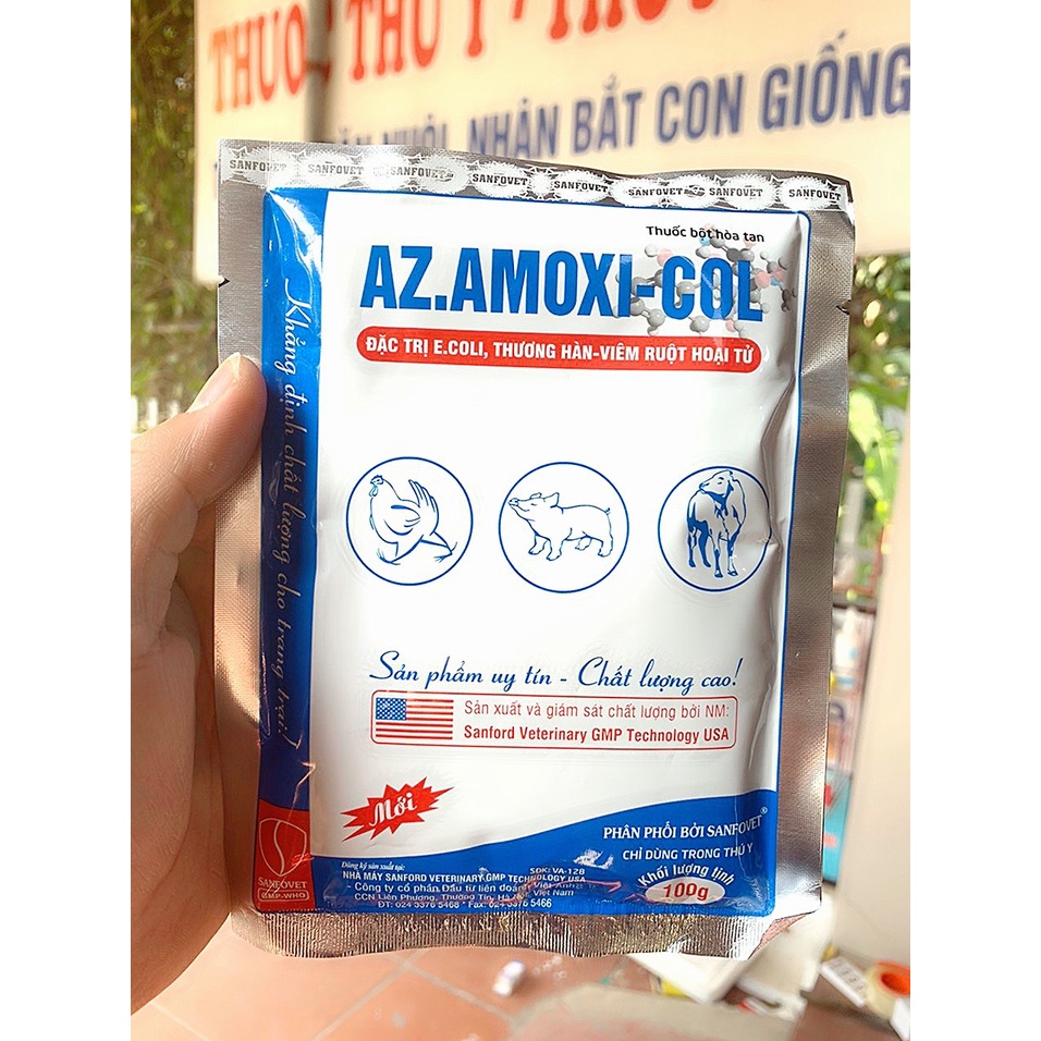 AZ. AMOXI - COL SANFOVET. Tụ huyết trùng, T/phần: AMOXICILIN 50% + COLISTIN 200MIU Ecoli, THƯƠNG HÀN,...Cho động vật nuô