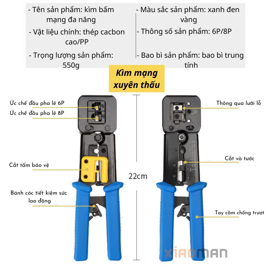 Kìm bấm mạng đa năng Bosi, kìm bấm dây mạng xuyên thấu thiết kế trợ lực chống trượt cực xịn