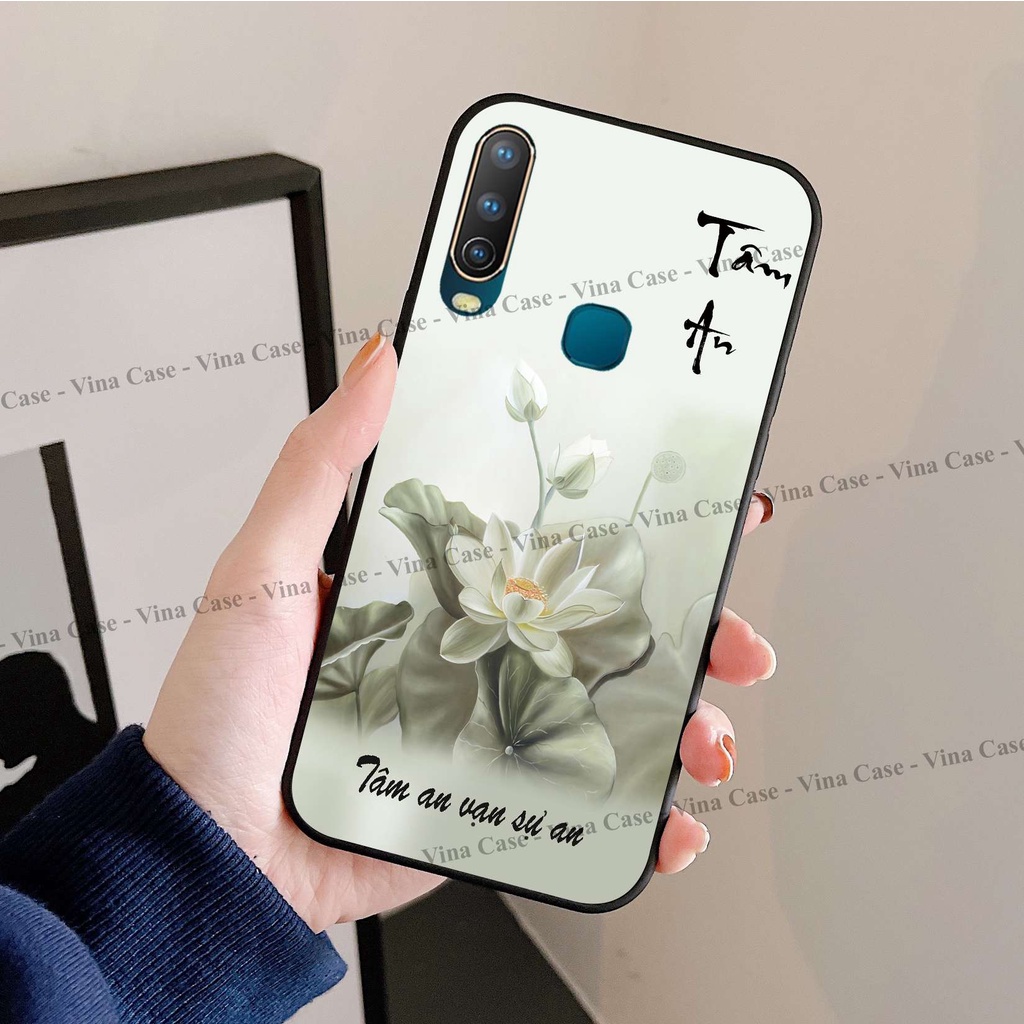 Ốp kính Vivo U10 - Y12 - Y15 - Y17 - Y11 - Y19 - Y15s - Y85 - Y91 in hình hoa sen tâm an chất liệu kính sáng bóng