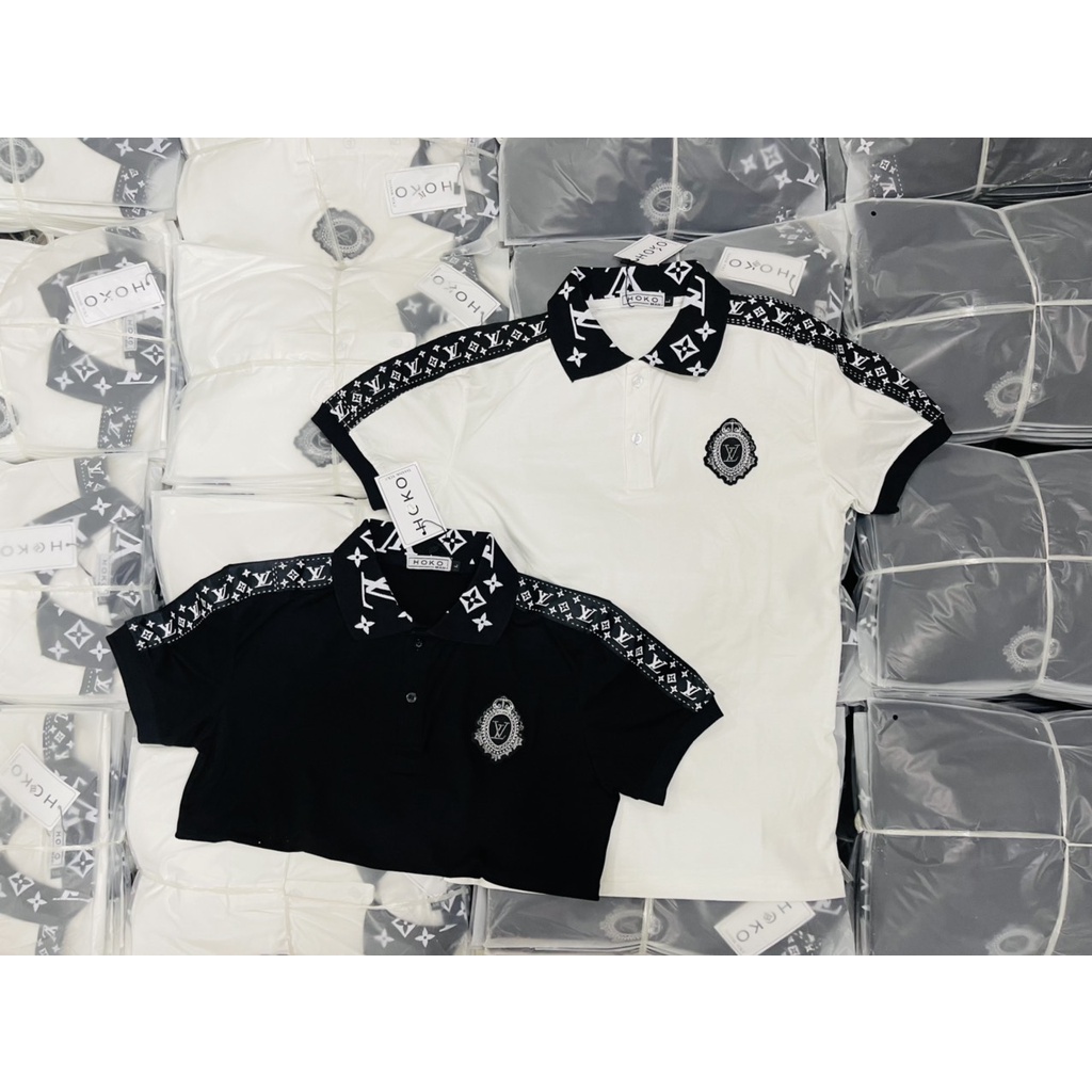 Áo thun nam nữ cổ trụ tay ngắn thêu logo LV tròn trước ngực phối vai áo chất cotton thoáng mát thời trang mùa hè hot