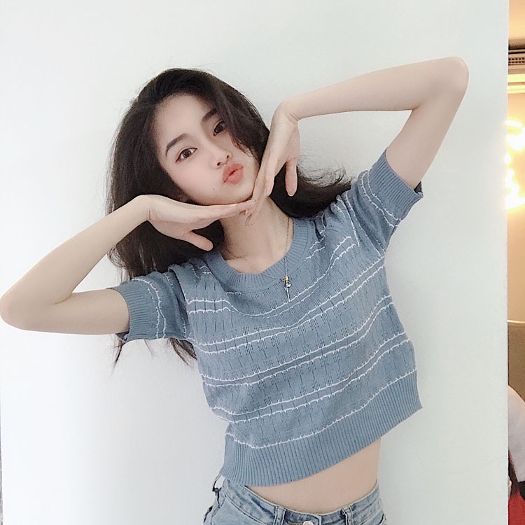 「HOME5」 Áo Dệt Kim Ngắn Tay Cổ Tròn Họa Tiết Kẻ Sọc Phong Cách Hàn Quốc Mới