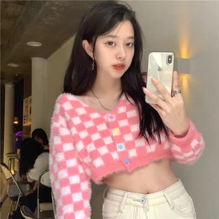 [Hàng đang về+ảnh thật] Áo cardigan len croptop kẻ ô hồng pink cúc nhiều màu sắc 2020