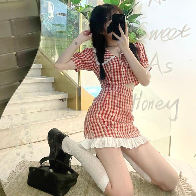 Fashion suit women 2021 summer new sweet thin short sleeves + high waist plaid skirt two sets