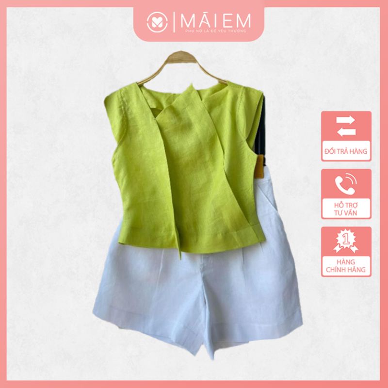 Set áo kiểu màu xanh nõn chuối chất liệu Linen_S7068