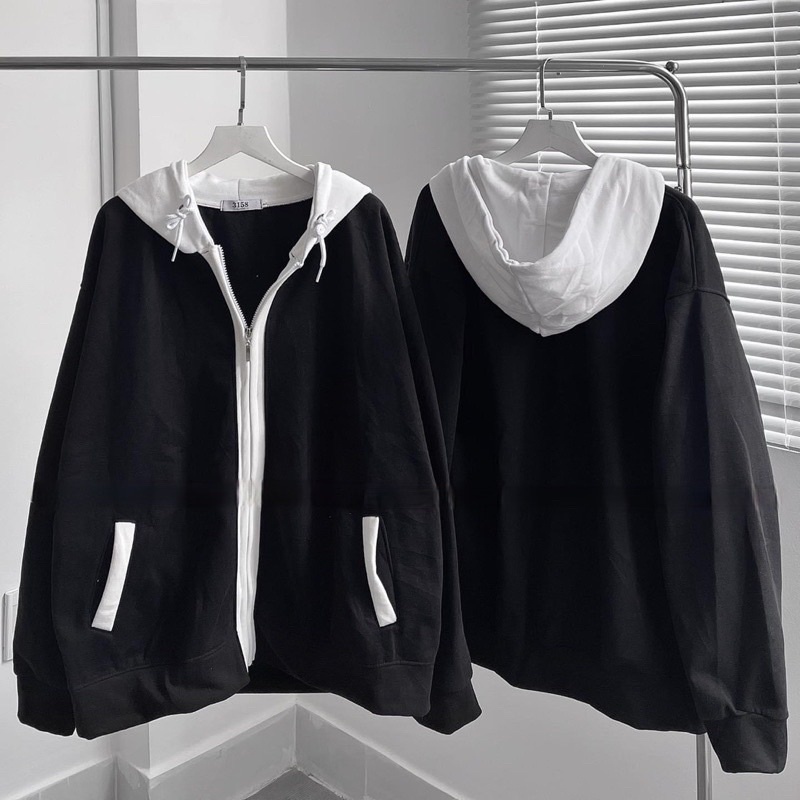 Áo khoác dây kéo nỉ bông form rộng phối nón trắng unisex (nam nữ mặc được)