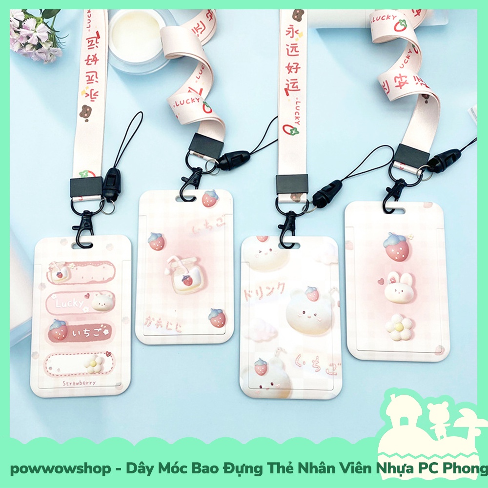[Sẵn VN - Hỏa Tốc] Dây Móc Bao Đựng Thẻ Nhân Viên Nhựa PC Mẫu Gấu Dâu Kẹo Bông Gòn Bear Srawberry