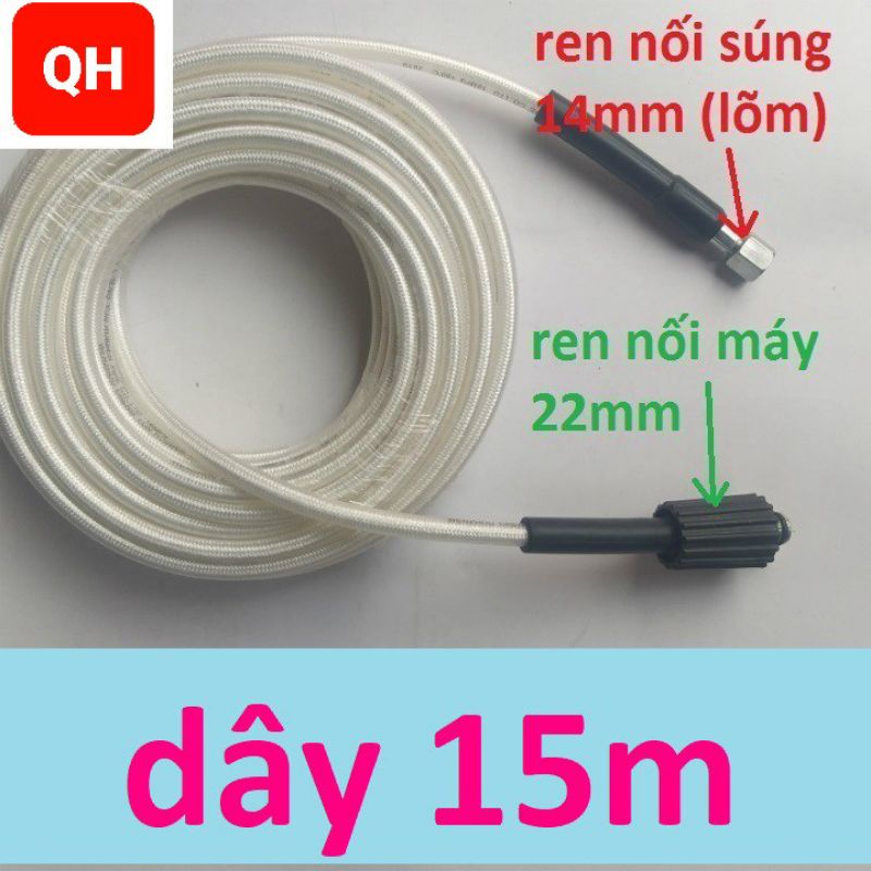 Dây Rửa Xe 10m,15m,20m Cho Máy bơm Xịt Rửa Áp Lực Cao ( Ren nối 22mm - 14mm)