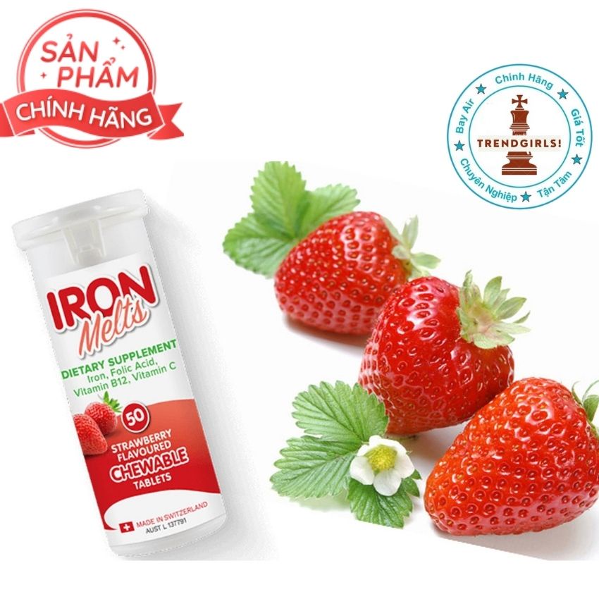 sắt ngậm Iron Melts Chewable vị dâu 50 viên của Úc Bổ Sung Sắt, Acid Folic, Vitamin B12 Và Vitamin C