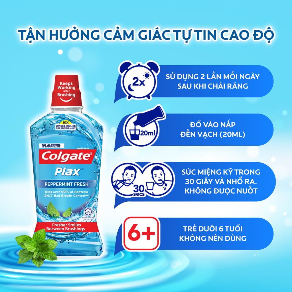 Nước súc miệng Colgate Plax Bạc Hà 500ml/chai + Ly nhựa có nắp Colgate Plax