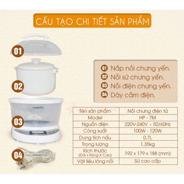 [Mã 273ELHA100K0 hoàn 7% đơn 500K] [BẢO HÀNH 12 THÁNG] Nồi chưng yến bằng sứ chuyên dụng HOMEPRO MODEL HP-7M