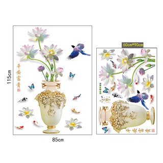 decal trandg trí   dán tường bình hoa sen cá chim