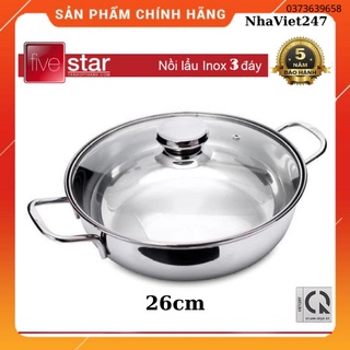Nồi Lẩu inox Fivestar 26 cm-3 Đáy-lắp kính-chảo,Xào,rán-Đun bếp từ dày đẹp,sáng bóng,chín hãng,giá rẻ-BH 5n  Dùng được t