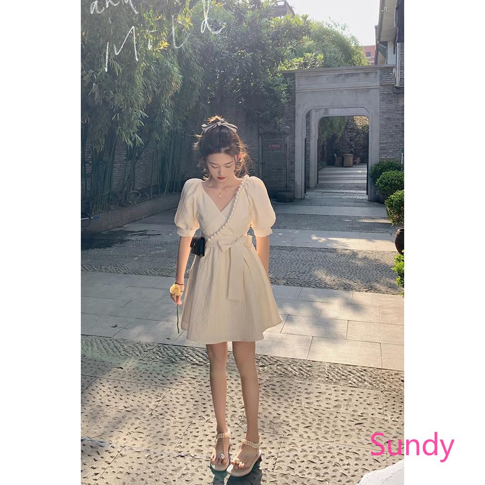 Đầm Tay Phồng Cổ Chữ V Phối Nơ Thời Trang Mùa Hè