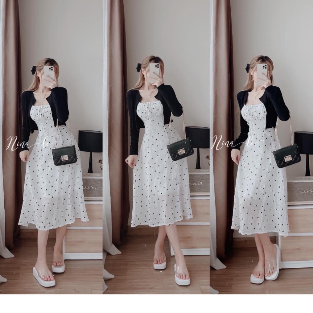 ( Bán sỉ) 🌸 Set áo khoác len calidan đen miix với vát 2 dây trái tim cực hot kèm ảnh thật trải sàn