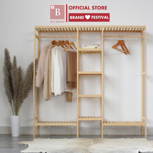 Tủ Treo Quần Áo Gỗ Thông Size Khổng Lồ Double Hanger Có Kệ Đa Năng BTC DECOR - Gỗ Thông Nhập Khẩu, Chống Mối Mọt