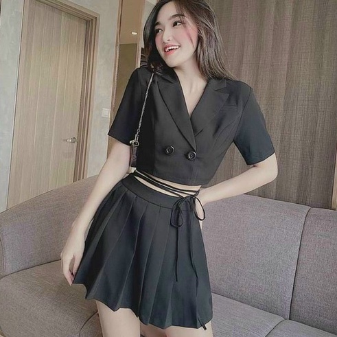 Vest nữ Sét áo vét đính nút , kèm chân váy xếp ly , cho nàng dự tiệc siêu xinh