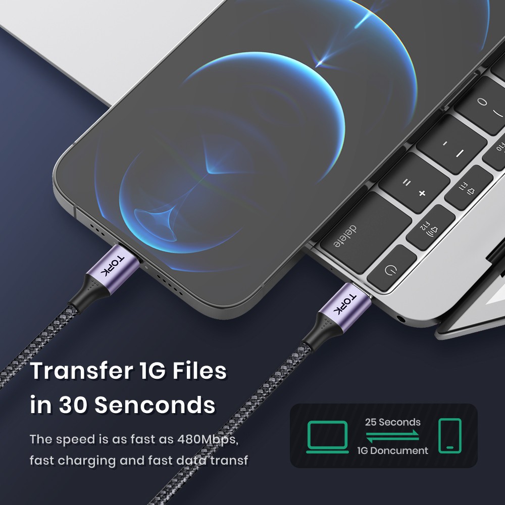 Dây cáp sạc TOPK AP15 20W PD dây bện chất lượng cao thích hợp cho iPhone 13 12 11 Pro Max XR X 8 7 6 Plus iPad