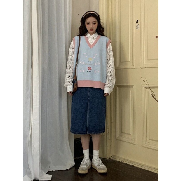 Áo dệt kim không tay thêu hoa phong cách cổ điển thời trang mới