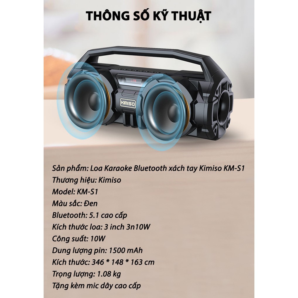 Loa Bluetooth Kimiso KM-S1 - Tặng Kèm Mic Hát Karaoke, Âm Thanh Cực Chất - Bảo Hành 1 Đổi 1