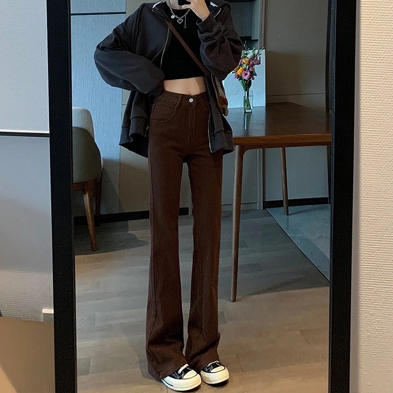 Quần Jeans Ống Loe Màu Nâu Đen Lưng Cao Chất Jean Kaki Loại 1 Dày Dặn Style Hàn Quốc Mặc Hàng Ngày Năng Động