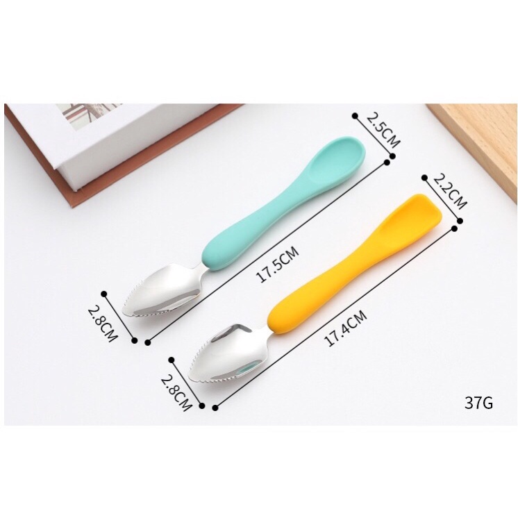 Thìa Nạo Hoa Quả 2 Đầu, Thìa Silicon Nạo 2 Đầu Cho Bé Tập Ăn Dặm Kèm Hộp
