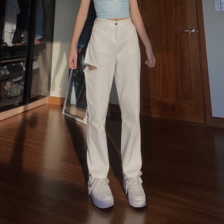 Quần Jeans ống suông trắng rách đùi nữ