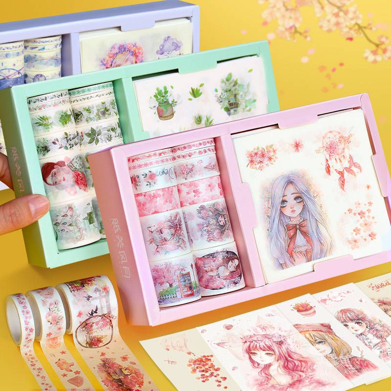 Set 10 cuộn băng dính washi tape + 10 tấm sticker trang trí