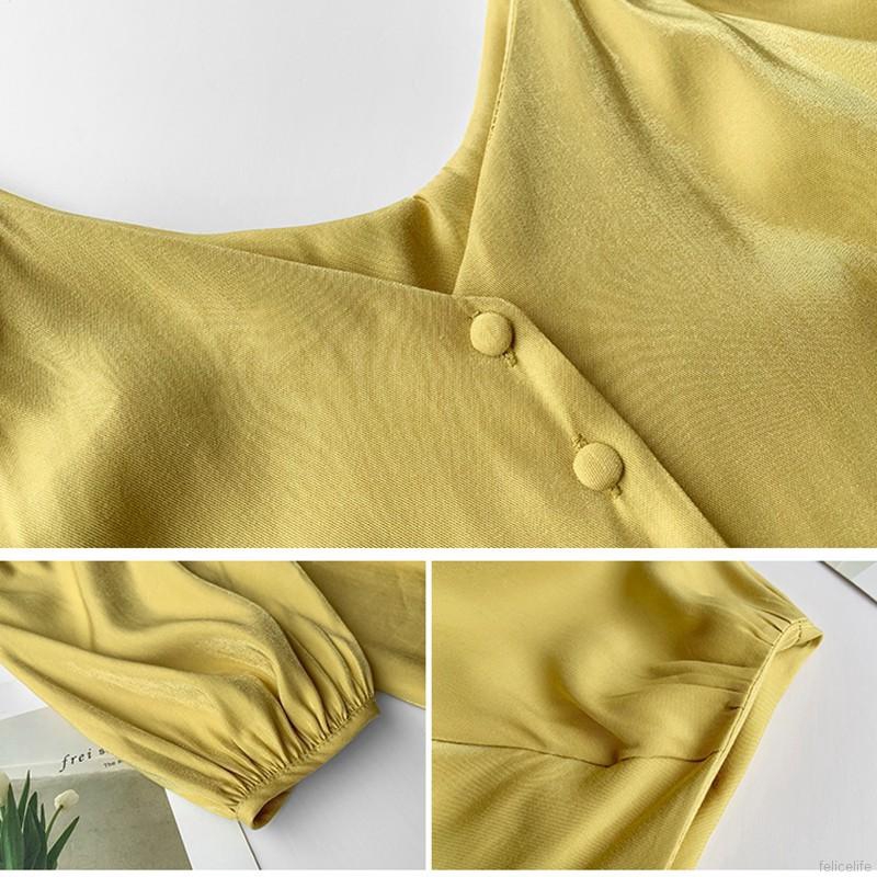 Áo kiểu chất Chiffon tay ngắn cổ chữ V phối nút thanh lịch