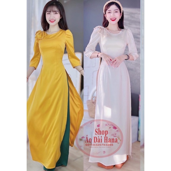 Áo dài cổ tròn tay bồng thiết kế đính ngọc ở cổ, áo dài 2 tà vai nơ hàng thiết kế may sẵn