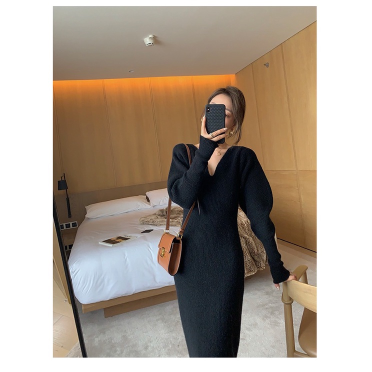 DUNEA Đầm đỏ tay dài cổ chữ v phong cách retro cho nữ