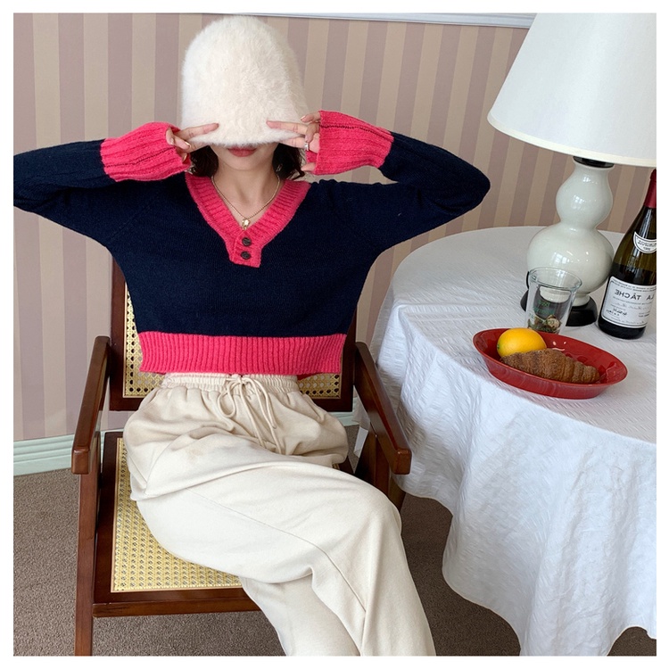 Áo len ZHELIHANGFEI tay dài cổ chữ V lưng cao dễ phối đồ