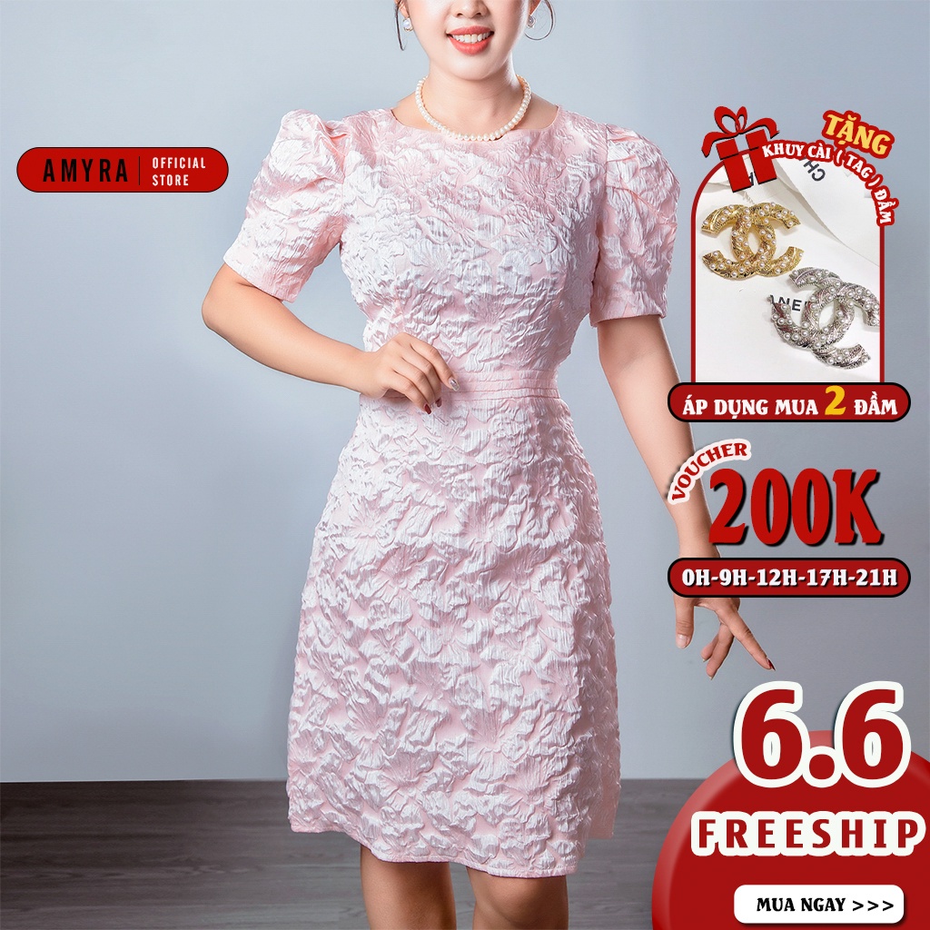 Đầm Gấm Dự Tiệc Sang Trọng Bigsize AMYRA , Thiết Kế Dáng Chữ A Tay Phồng Cao Cấp Phù Hợp Đi Tiệc DA160