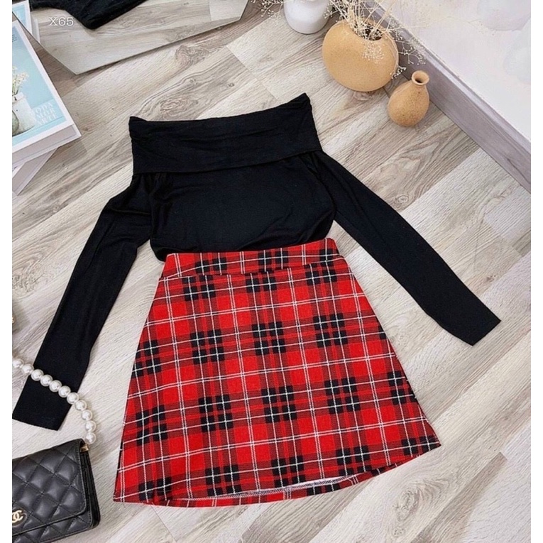 Hàng TK - Set áo bẹt vai đen tay dài phối chân váy ngắn caro đỏ - bộ áo váy rời đi chơi đi dạo dự tiệc - hình sàn thật
